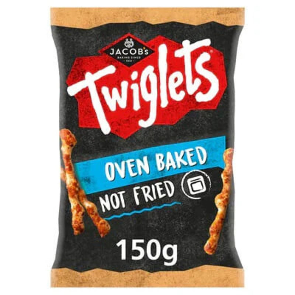 Packaging of Jacobs Twiglets with text 'Oven Baked Not Fried' and weight '150g'.