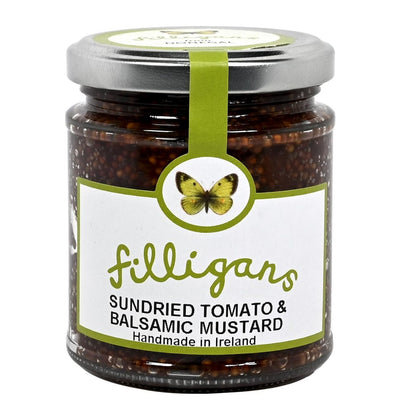 Jar of Filligan's sundried tomato and balsamic mustard on a white background