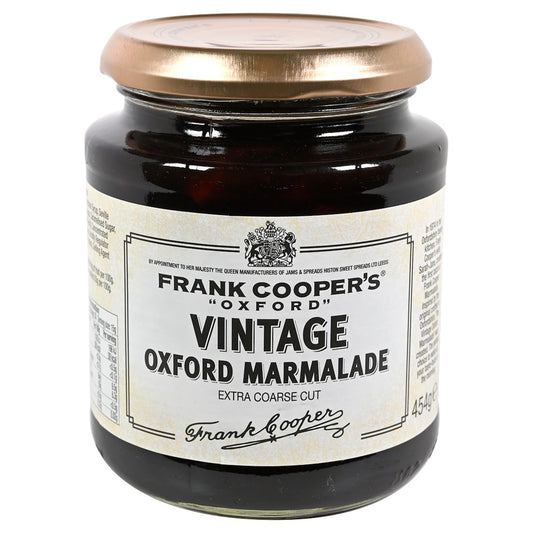 Jar of Frank Cooper's Vintage Oxford Marmalade with a gold lid on a white background