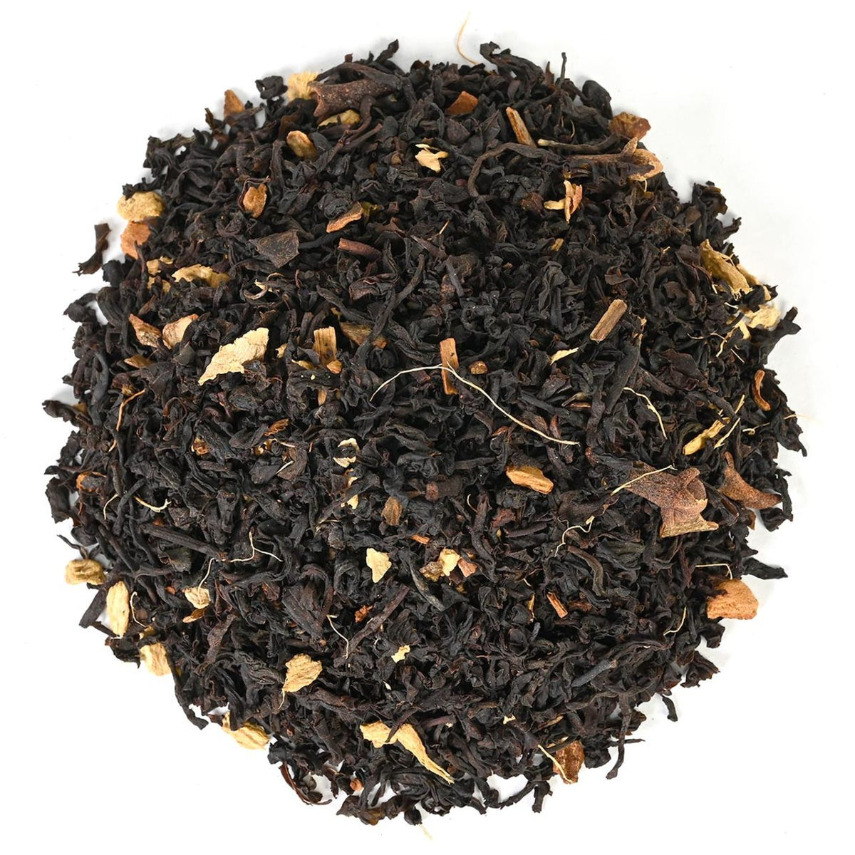 Loose-leaf black tea mixed with marigold and brown petals.