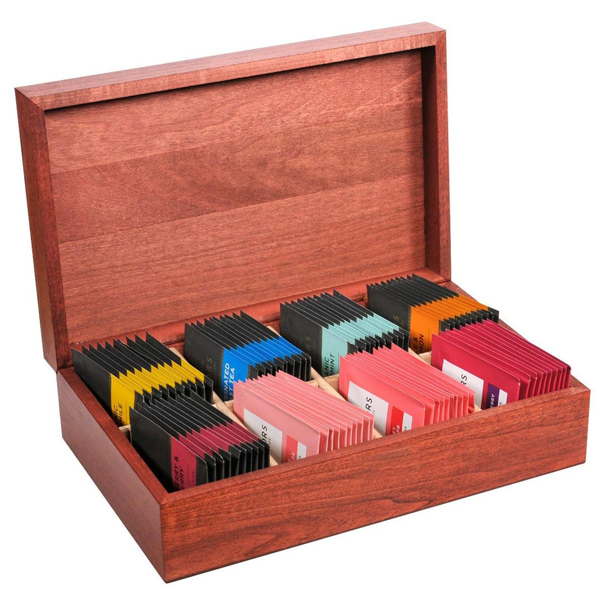 Wooden tea box with colorful tea bag packs inside on a white background