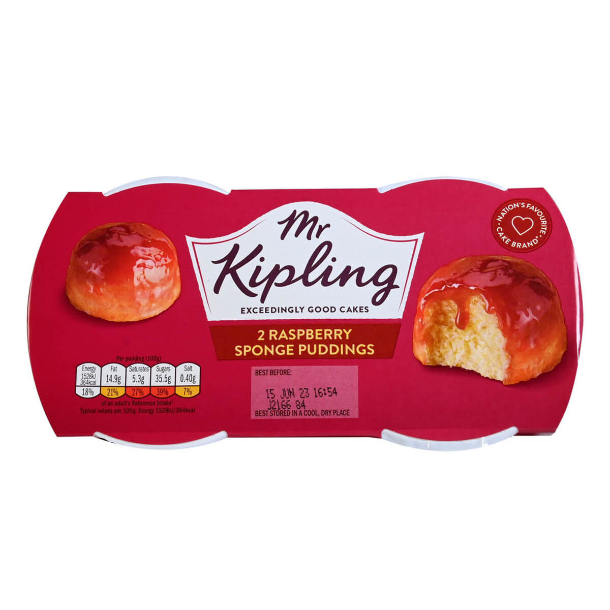 Packaging of 2 Mr. Kipling raspberry sponge puddings pack on a white background