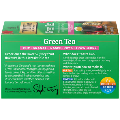 Twinings Green Tea box with pomegranate, raspberry, and strawberry flavors on a white background