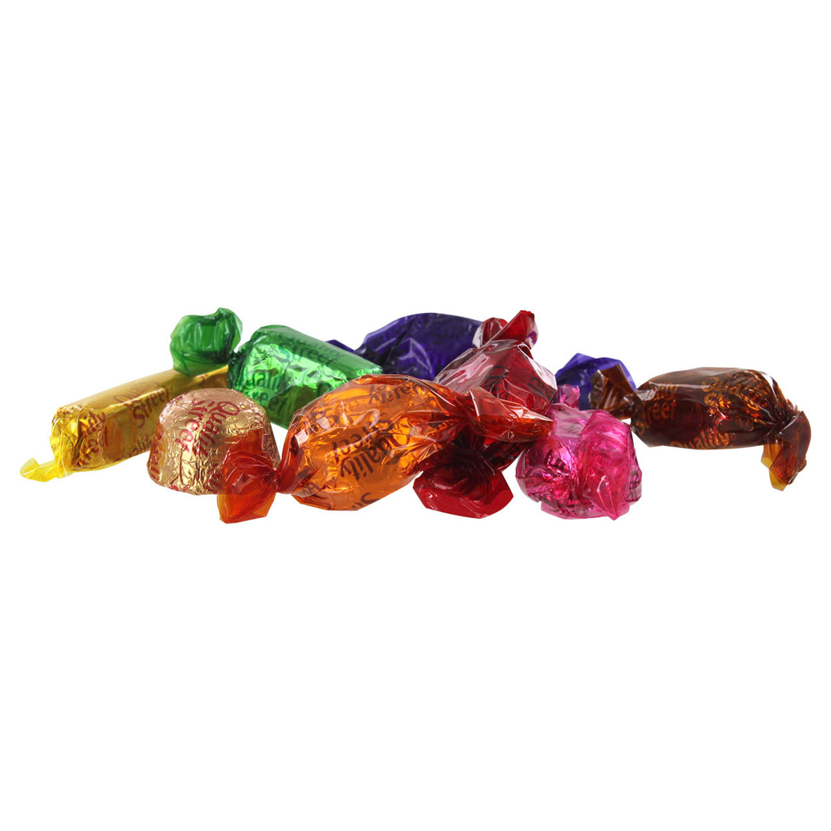 Individual colorful wrapped pieces of Nestle Quality street candy.