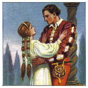 Drawing of two people dressed in Shakespeare style clothes