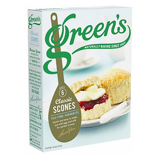 Box of Green's Classic Scones with a spoon graphic and scone image on a white background