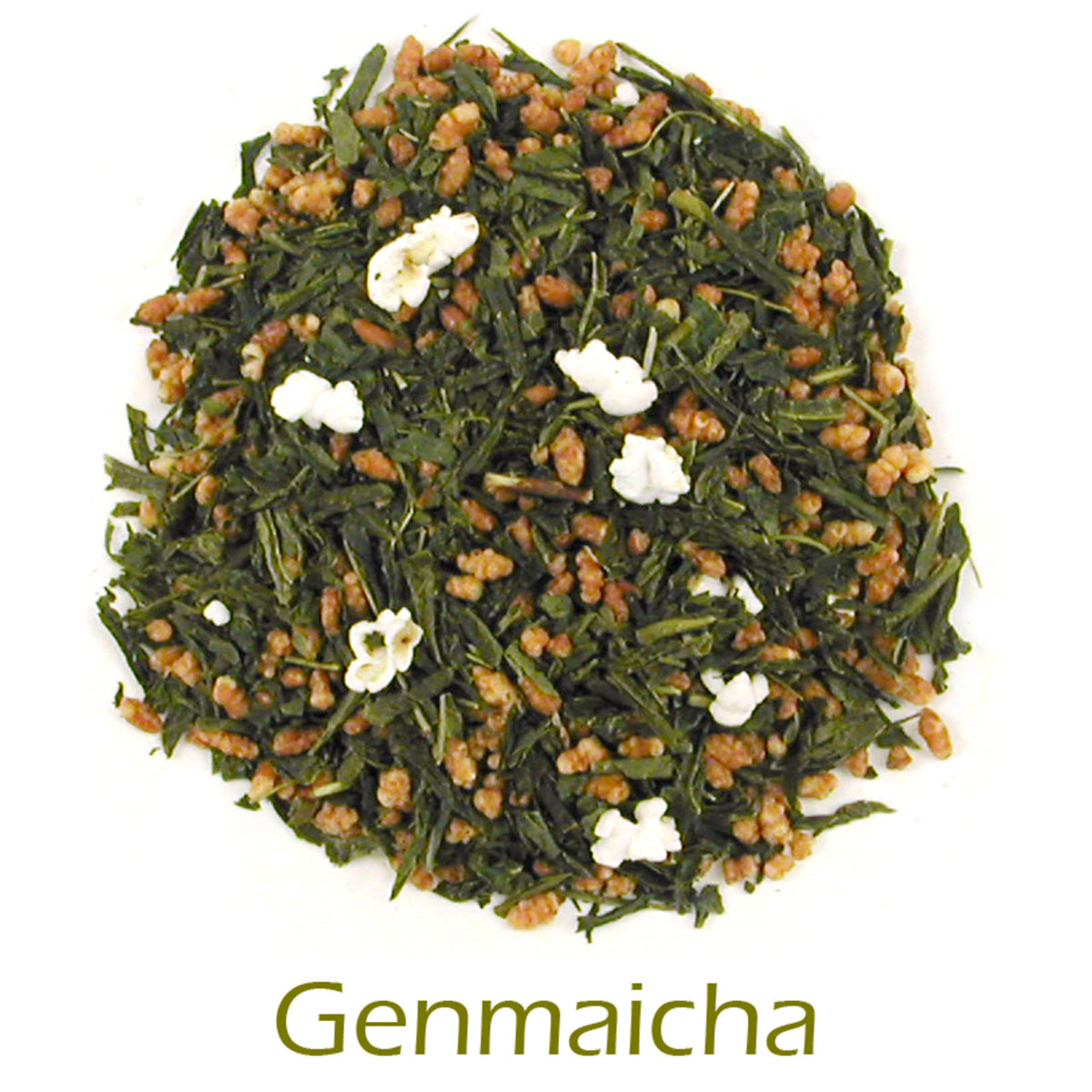 Genmaicha loose-leaf tea on a white background with product title text callout at bottom