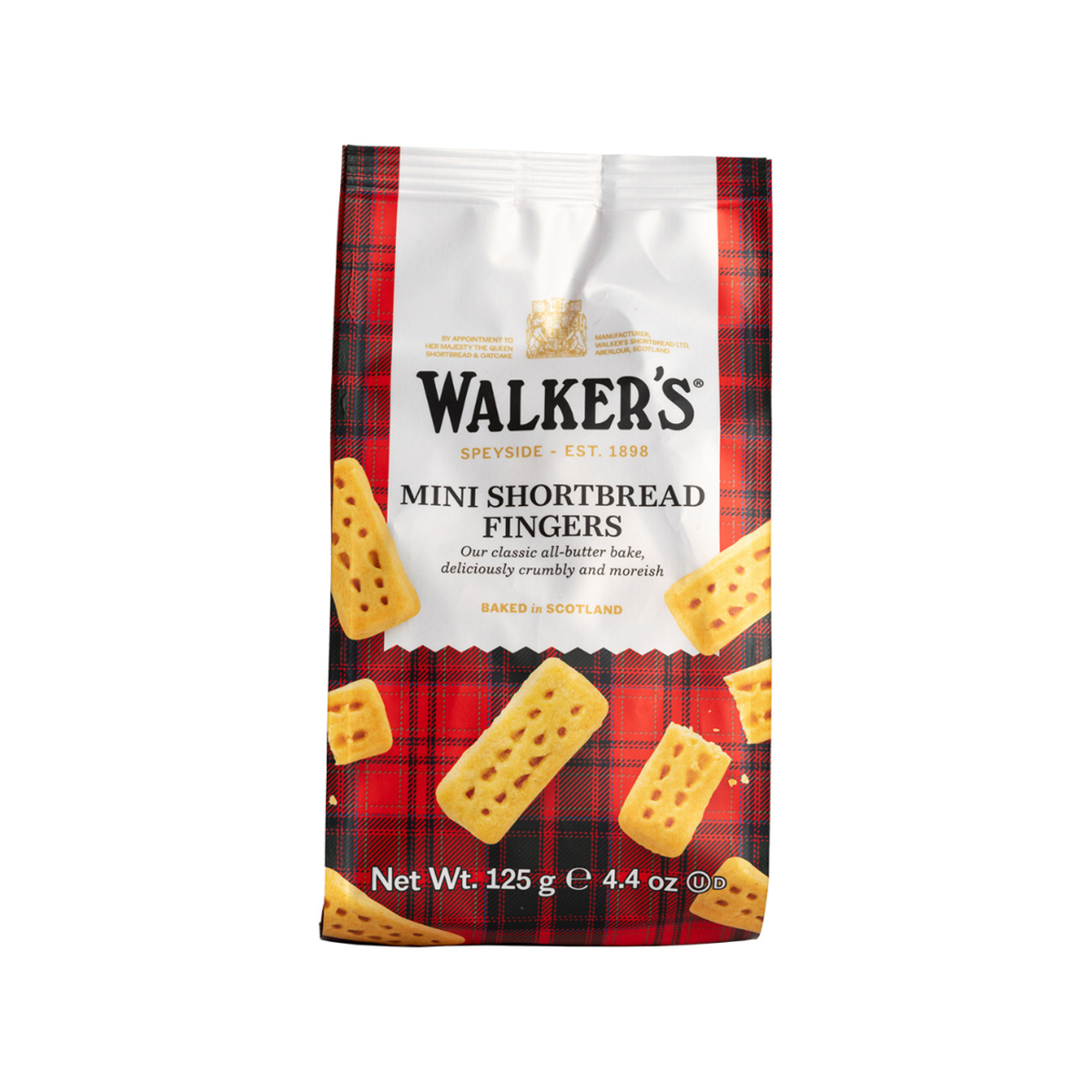 Package of Walker's Mini Shortbread Fingers on a red and black checkered background