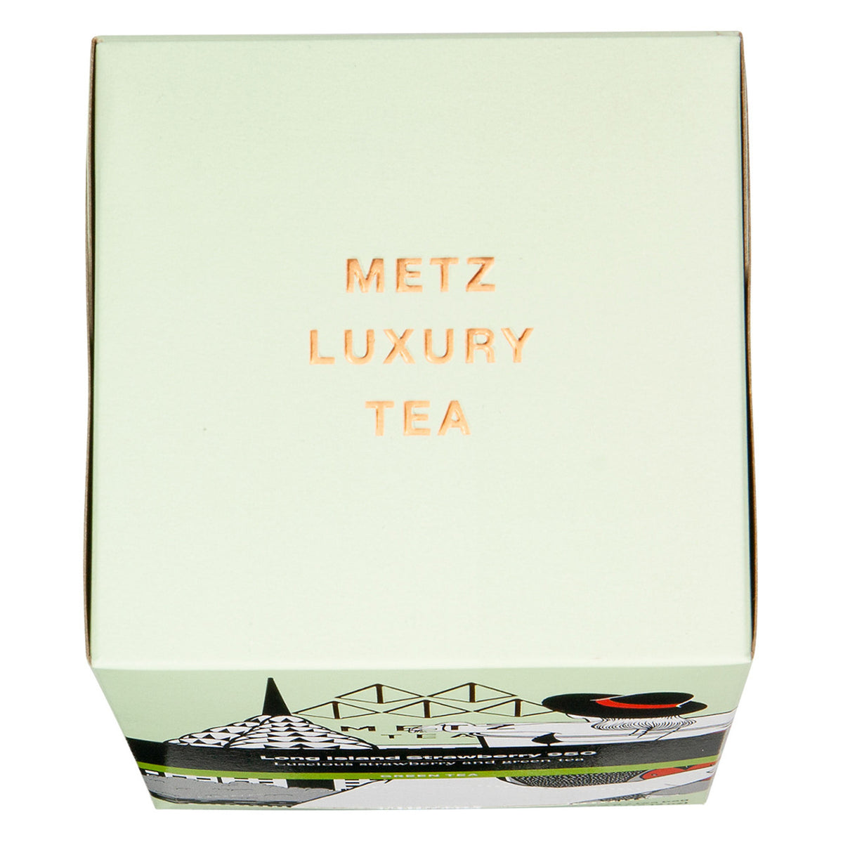 The top of a box of Metz Tea with the text "Metz Luxury Tea"