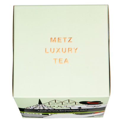 The top of a box of Metz Tea with the text "Metz Luxury Tea"