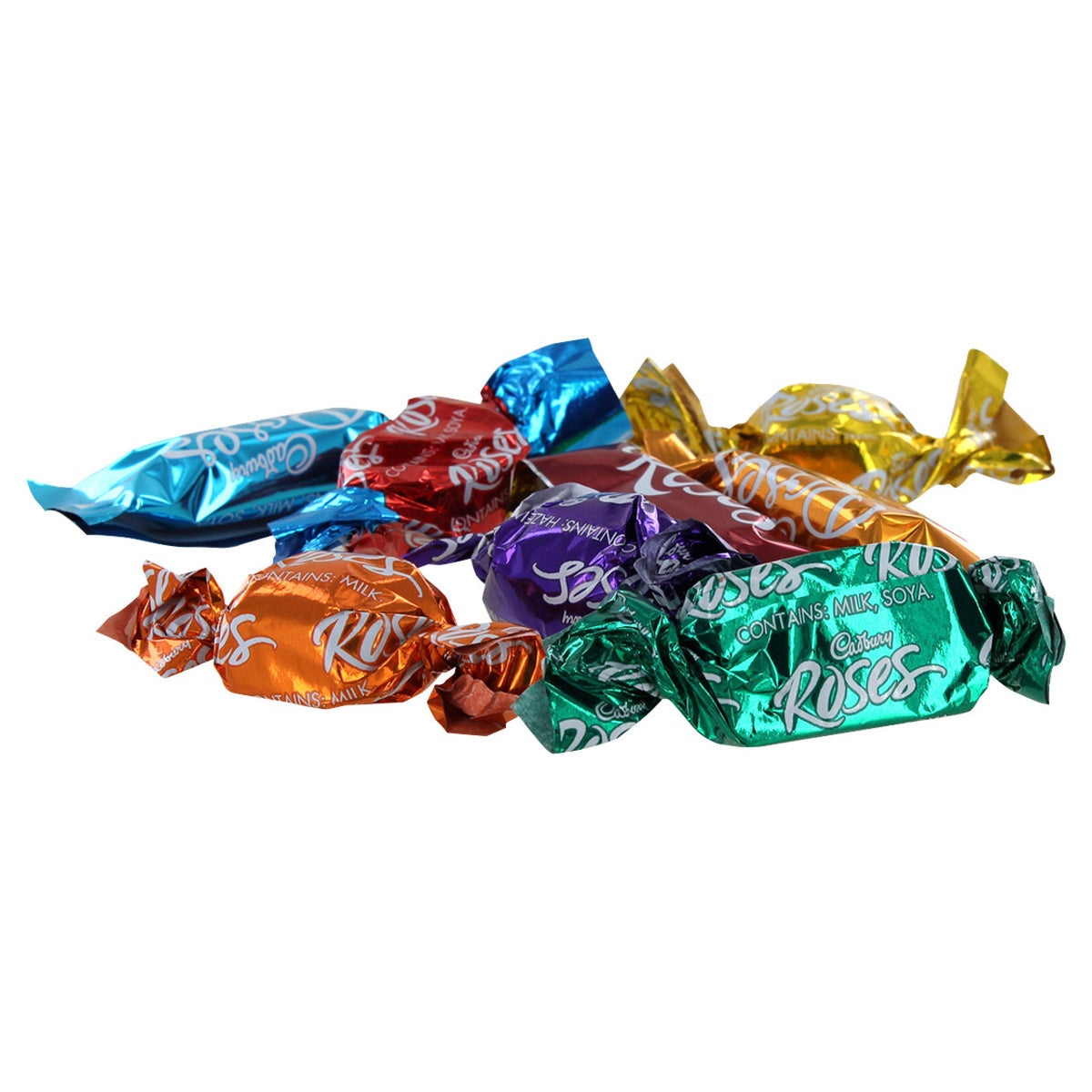 Colorful assortment of wrapped Cadbury Roses candy pieces on a white background.
