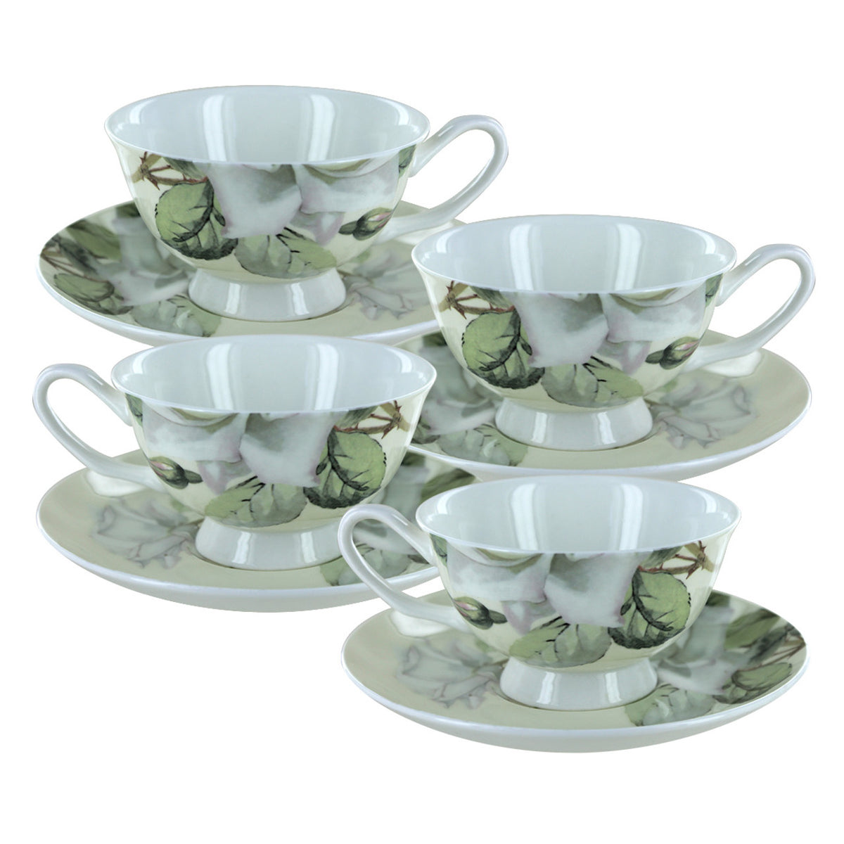 Set of four iceberg bone tea cups and saucers with green floral design on a white background