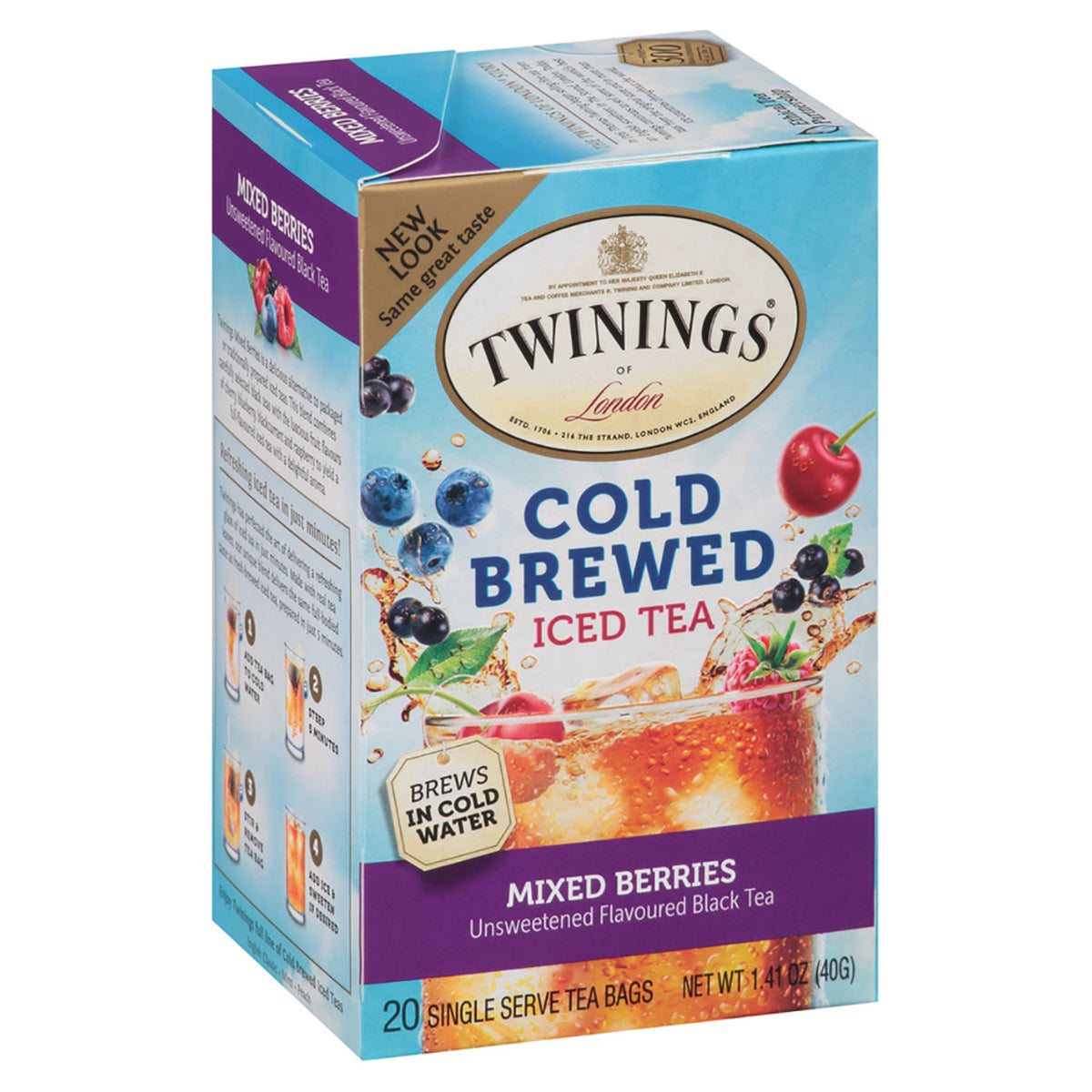 Box of Twinings Cold Brewed Iced Tea with Mixed Berries flavor on a white background
