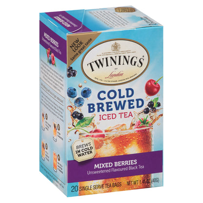 Box of Twinings Cold Brewed Iced Tea with Mixed Berries flavor on a white background