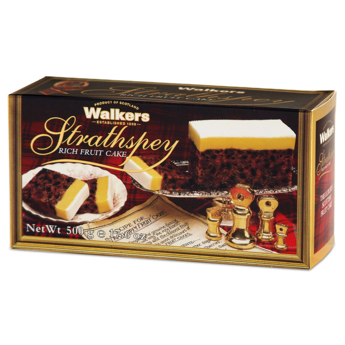 Box of Walkers Strathspey Rich Fruit Cake with branding and product details.