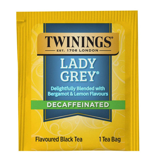 Twinings Lady Grey Decaffeinated tea bag packaging on a white background