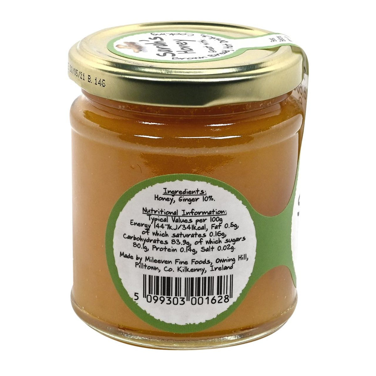 Jar of 'Sarah's Zesty Honey with Ginger with ingredients list and nutritional information.