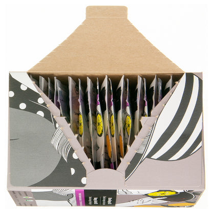 Tea bag packaging with various designs on a white background opened to show the inside individually wrapped teabags
