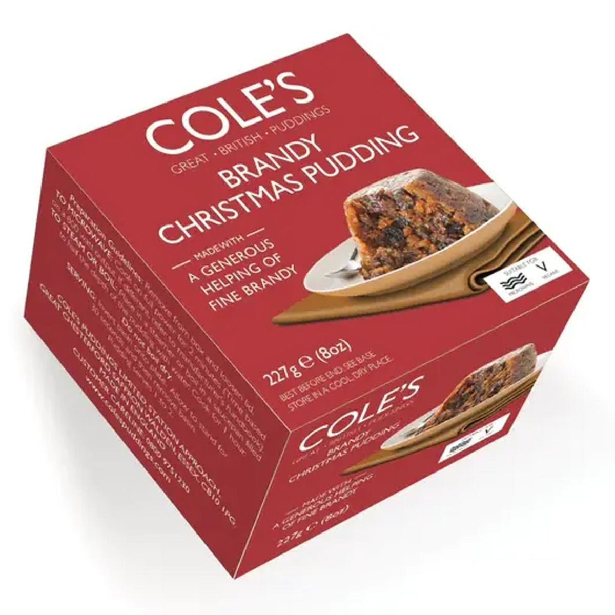Red box of Cole's Brandy Christmas Pudding on a white background