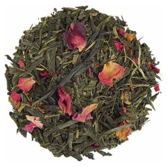 A close-up of loose leaf green tea with visible pieces of rose petals mixed throughout.