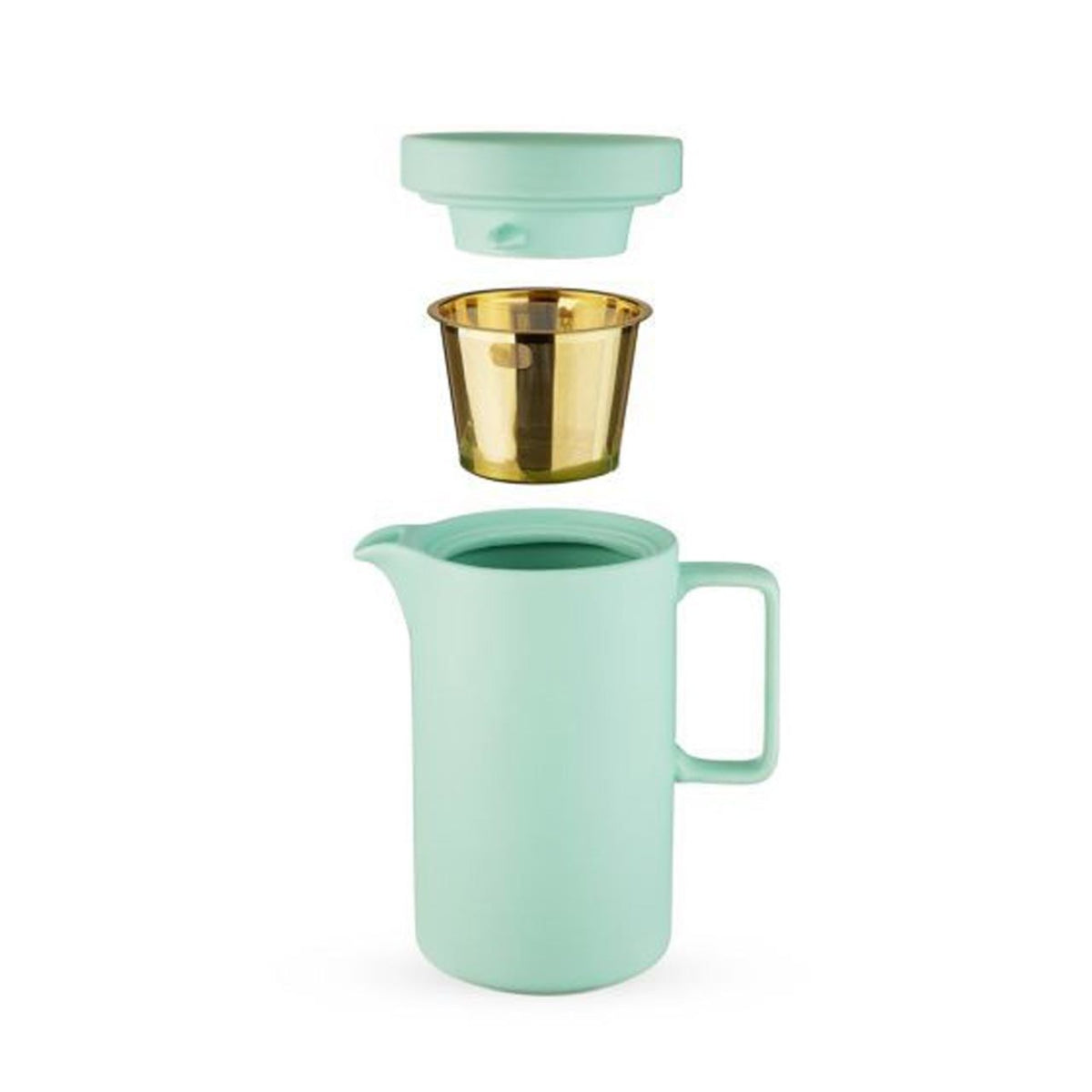Mint green pitcher style tea pot with gold tea infuser and lid on a white background