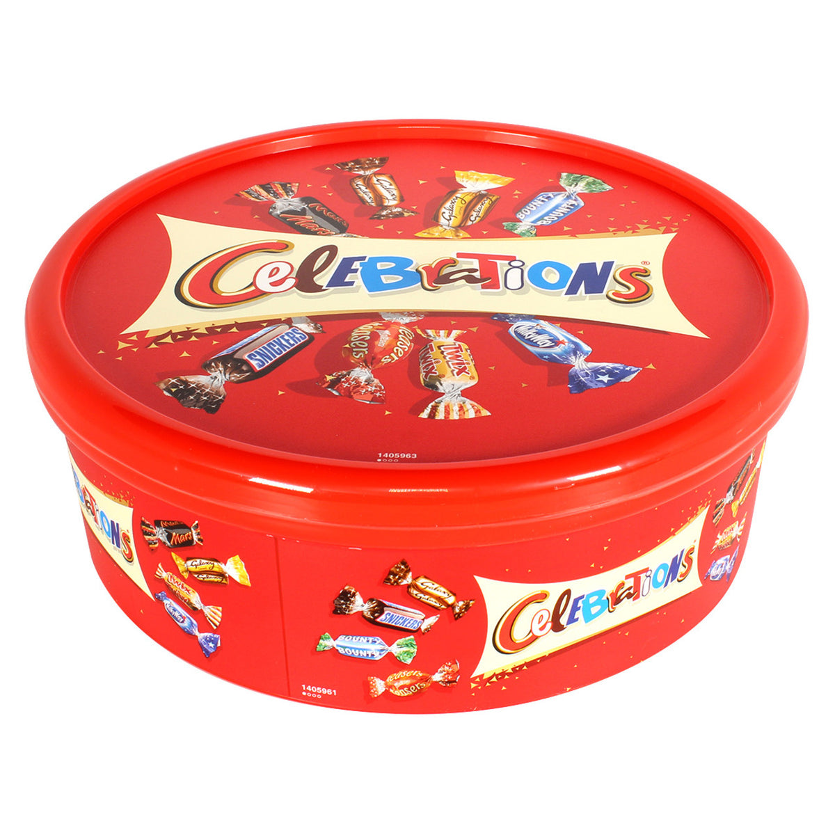 Red Celebrations candy tin with colorful candy bars on a white background