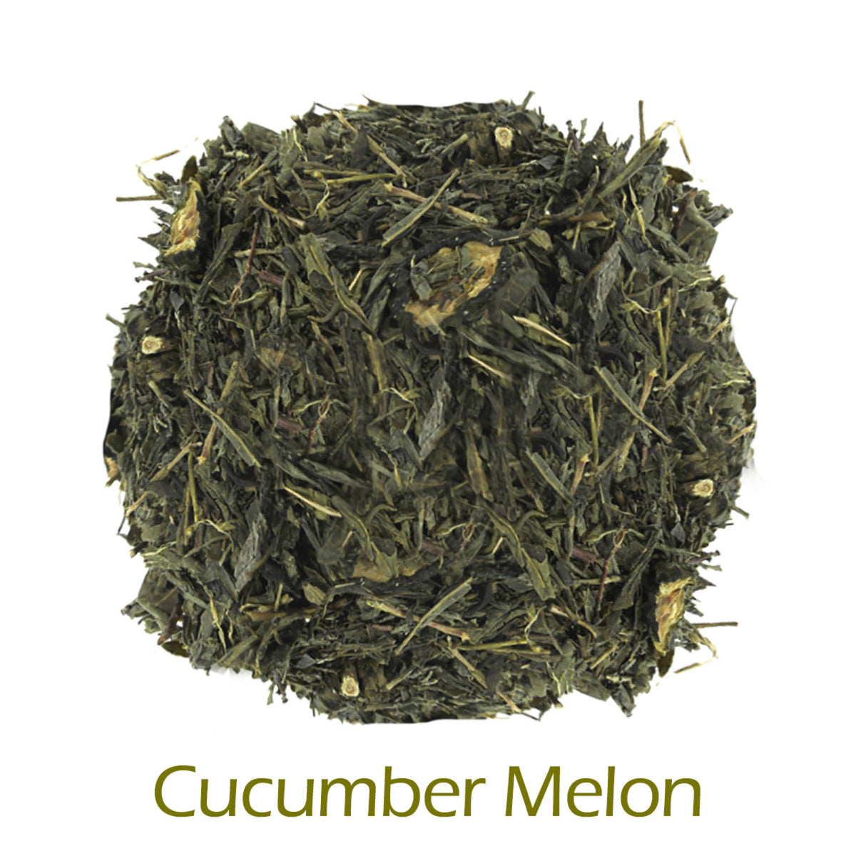 Cucumber Melon loose-leaf tea on a white background with product title text callout at bottom