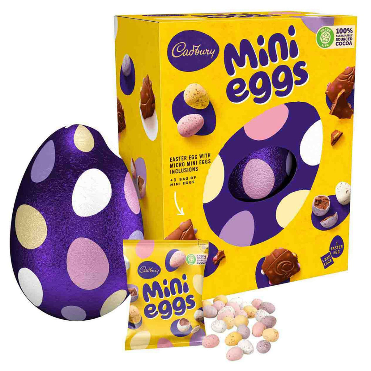 Cadbury Mini Eggs packaging with a large purple polka dot egg and smaller yellow packaging.