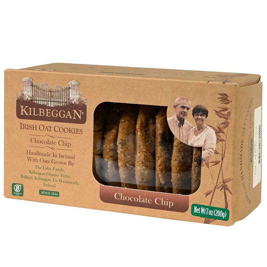 Kilbeggan Irish Oat Cookies packaging with a window showing cookies and an image of two people on a white background.