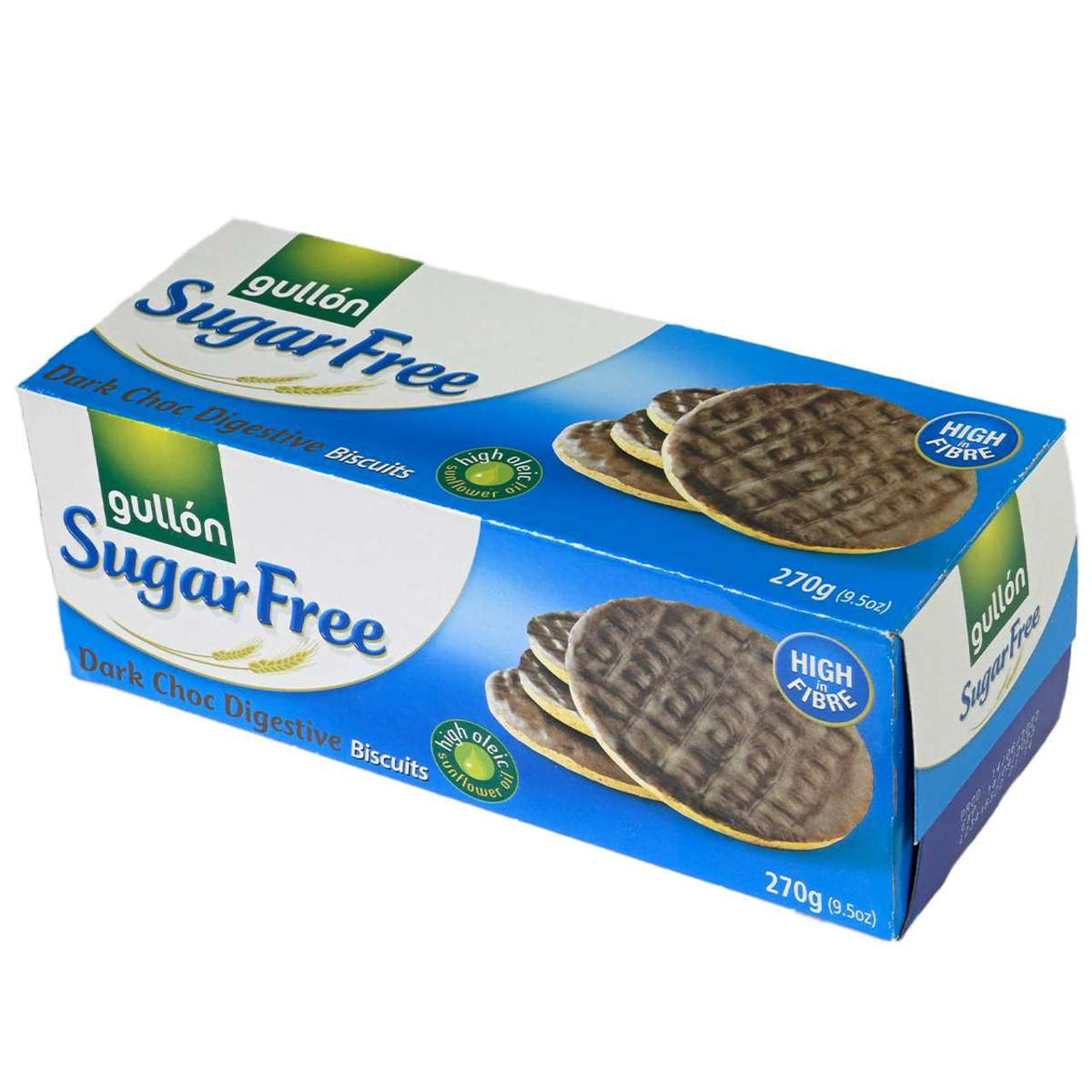 Box of Gullon Sugar Free Dark Choc Digestive Biscuits on a white background