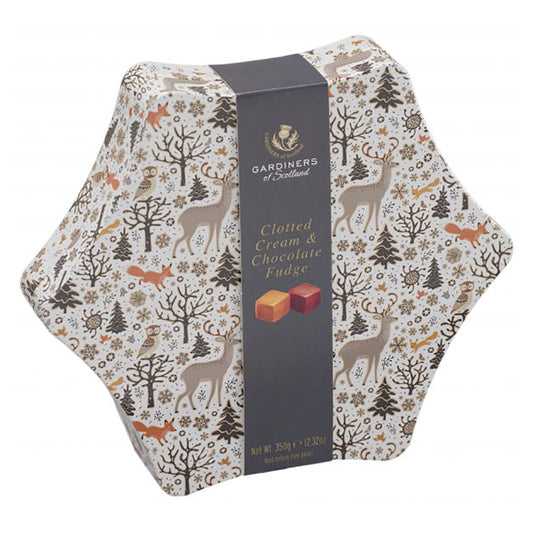 Hexagonal box of Gardiners of Scotland Clotted Cream & Chocolate Fudge with forest design
