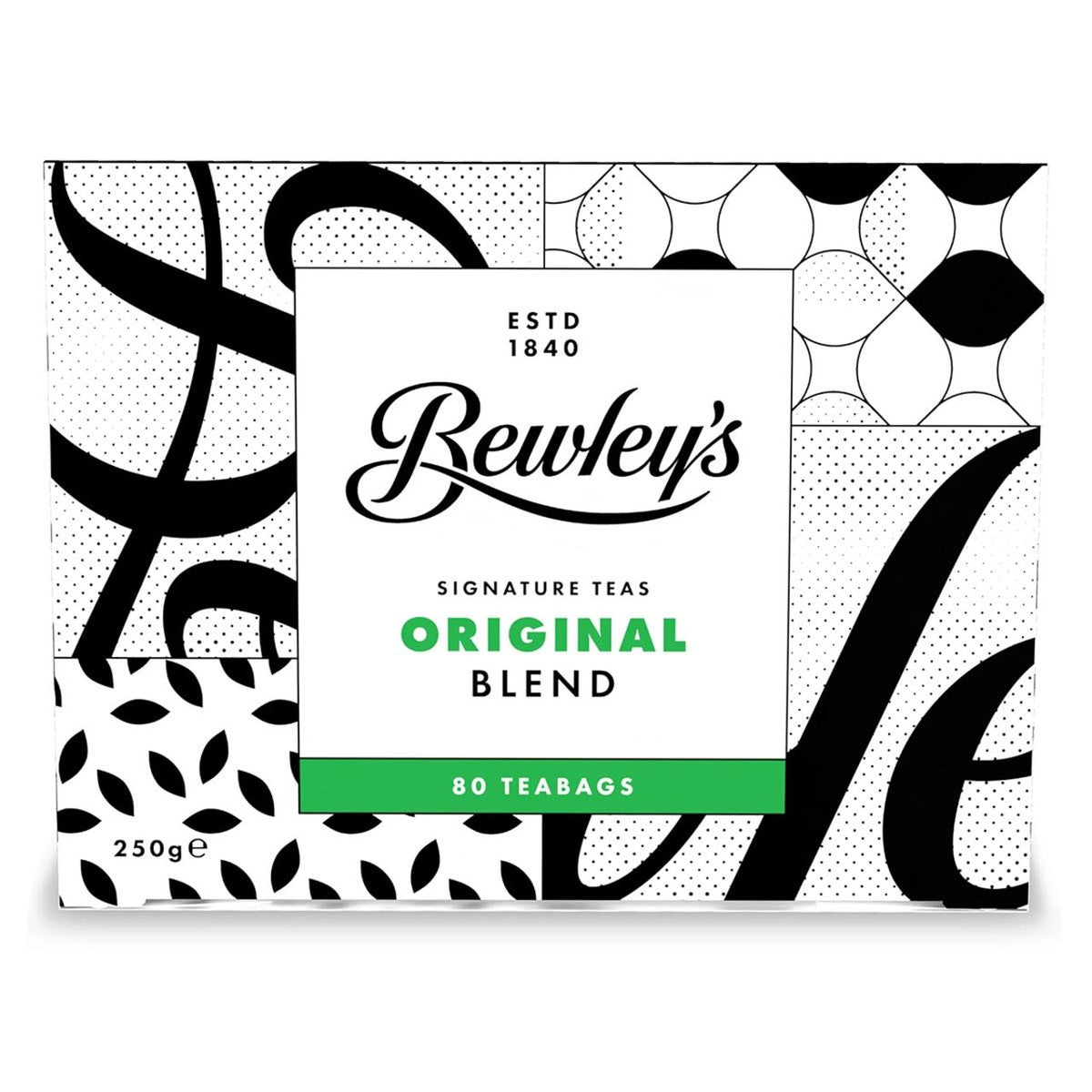 Bewley's tea packaging with black and white leaf design