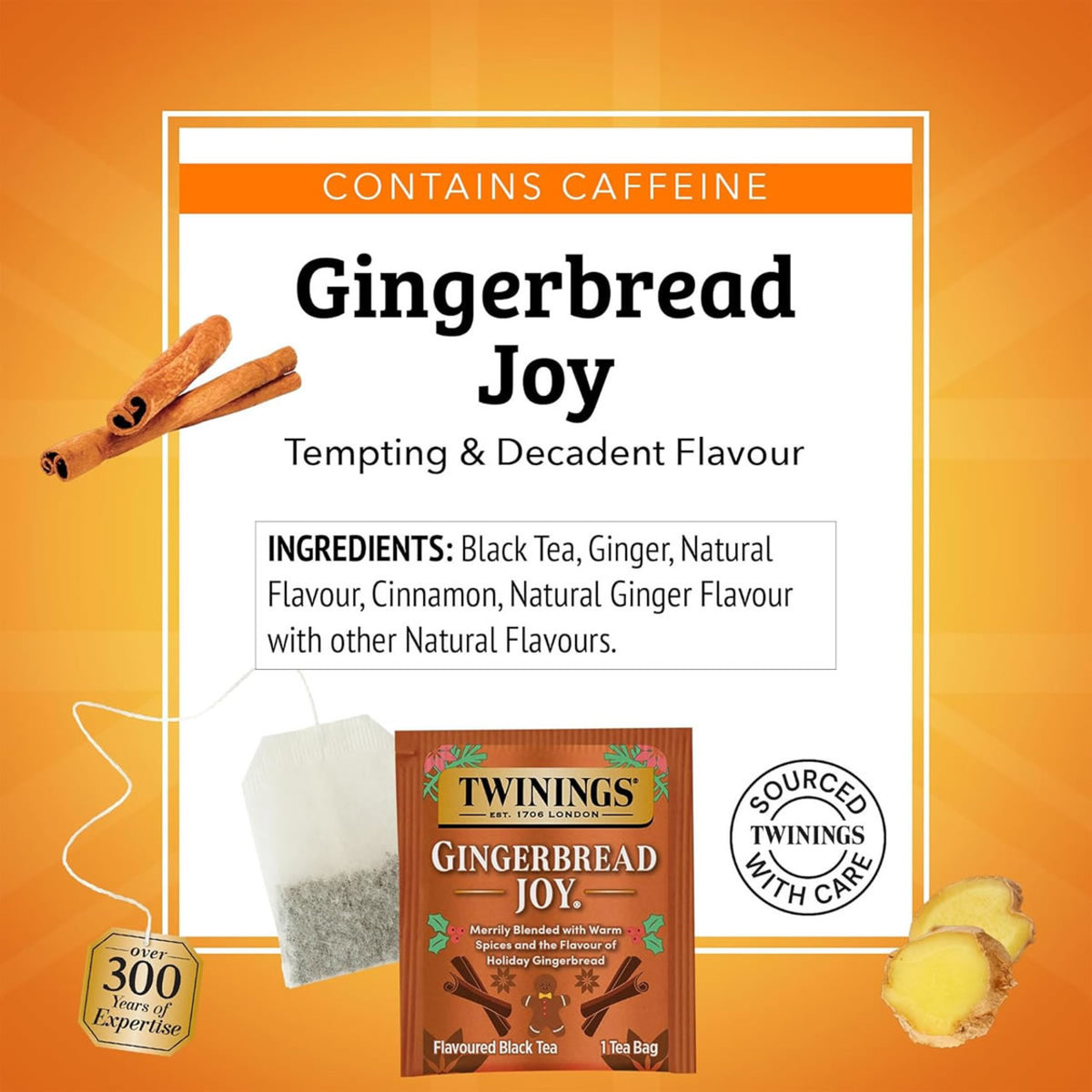 Gingerbread Joy tea packaging with cinnamon sticks, ginger, and Twinings logo on an orange background.