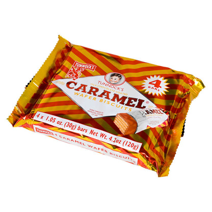 Pack of Tunnock's Caramel Wafers on a white background