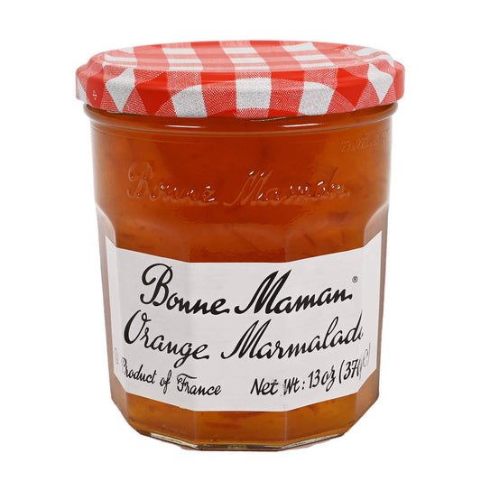 Jar of Bonne Maman Orange Marmalade with a red and white checkered lid on a white background