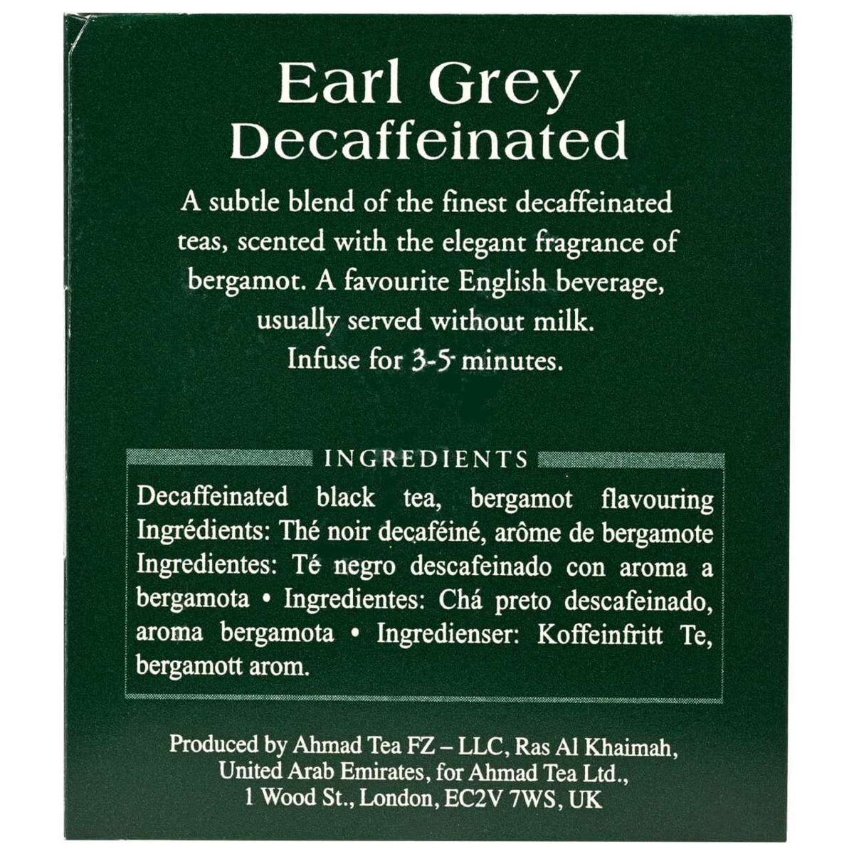 Package of Earl Grey Decaffeinated tea with text and branding details.