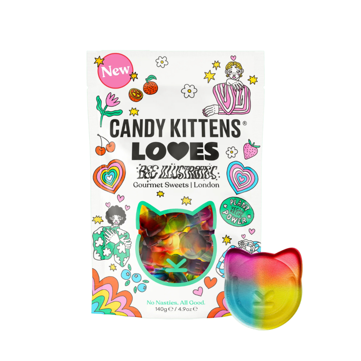 Candy Kittens packaging with colorful candy shaped like cat faces on a white background