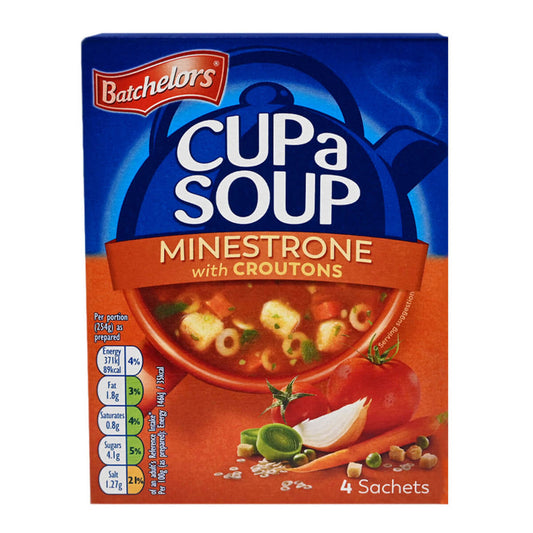 Box of Batchelors Cup a Soup Minestrone with Croutons on a white background