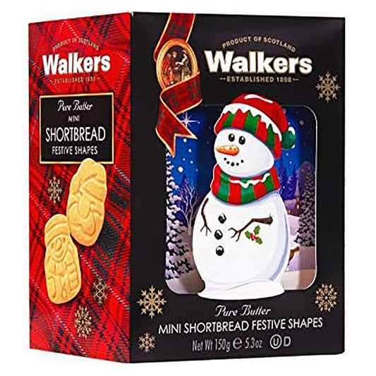 Walkers shortbread packaging with a snowman design and festive colors
