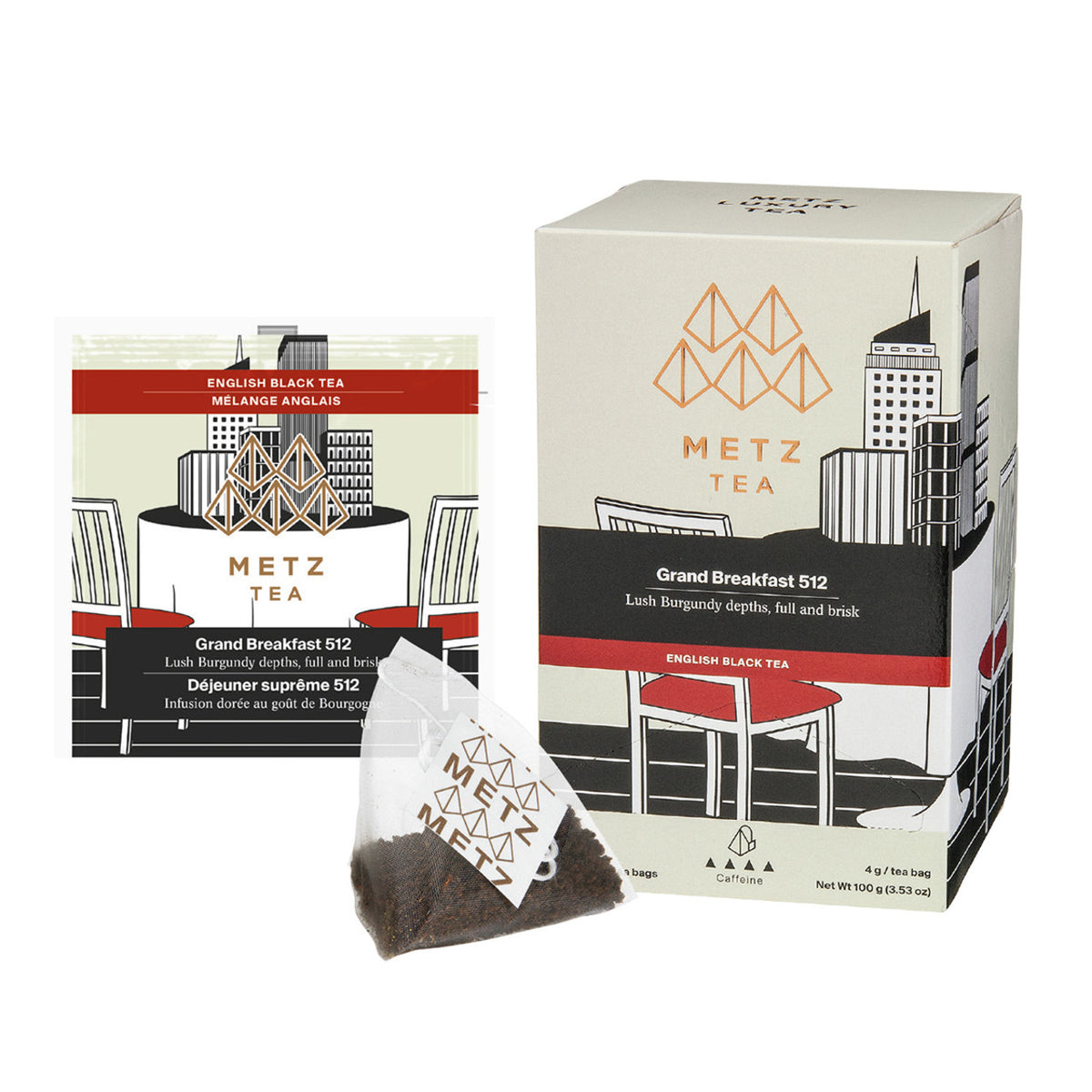 Metz Tea packaging including a box, tea bag, and package on a white background