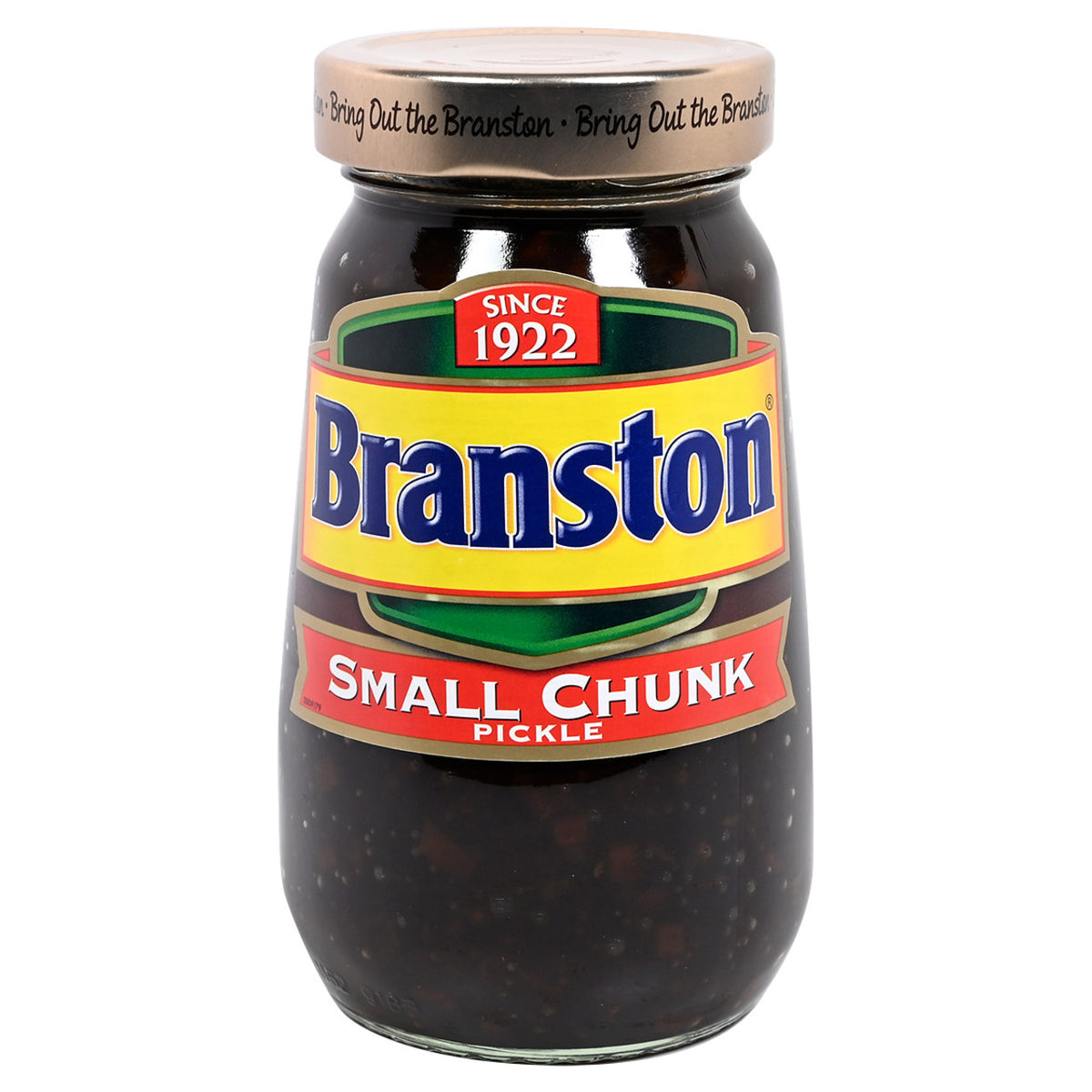 Jar of Branston Small Chunk Pickle with visible label on a white background