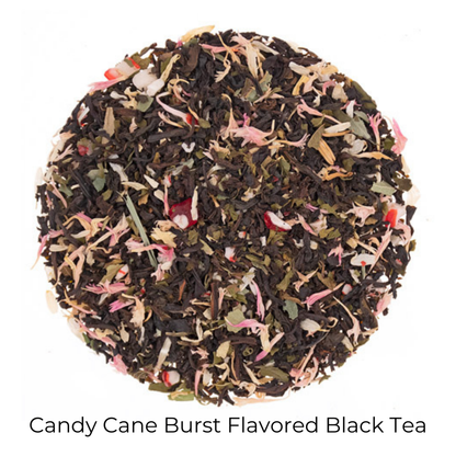 Candy Cane Burst Flavored Black loose-leaf tea on a white background with product title text callout at bottom