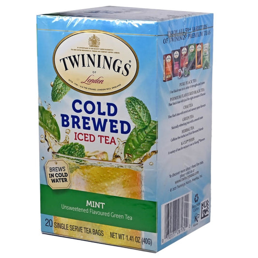 Box of Twinings Cold Brewed Iced Tea with an image of a class of iced tea on the package