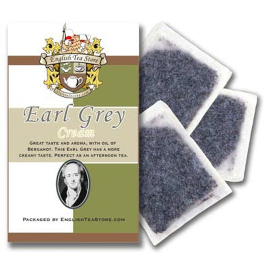 A brown paper pouch packaging labeled 'Earl Grey Cream Tea Bags' from The English Tea Store with branding and product name visible.