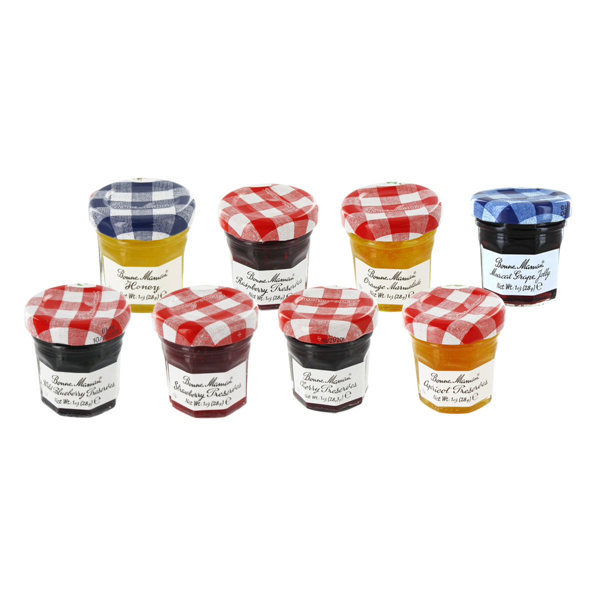 Set of jam jars with checkered lids on a white background