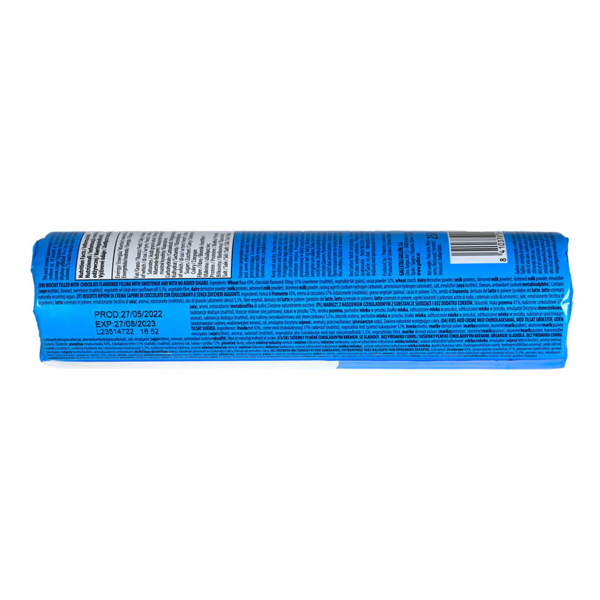 Blue Package with ingredients list in black ink 