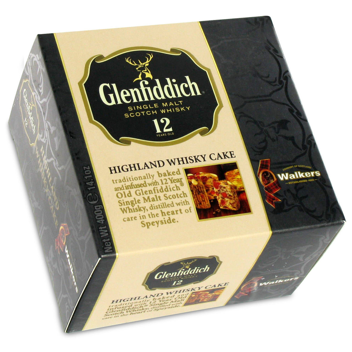 Glenfiddich Highland Whisky Cake packaging with Walkers branding