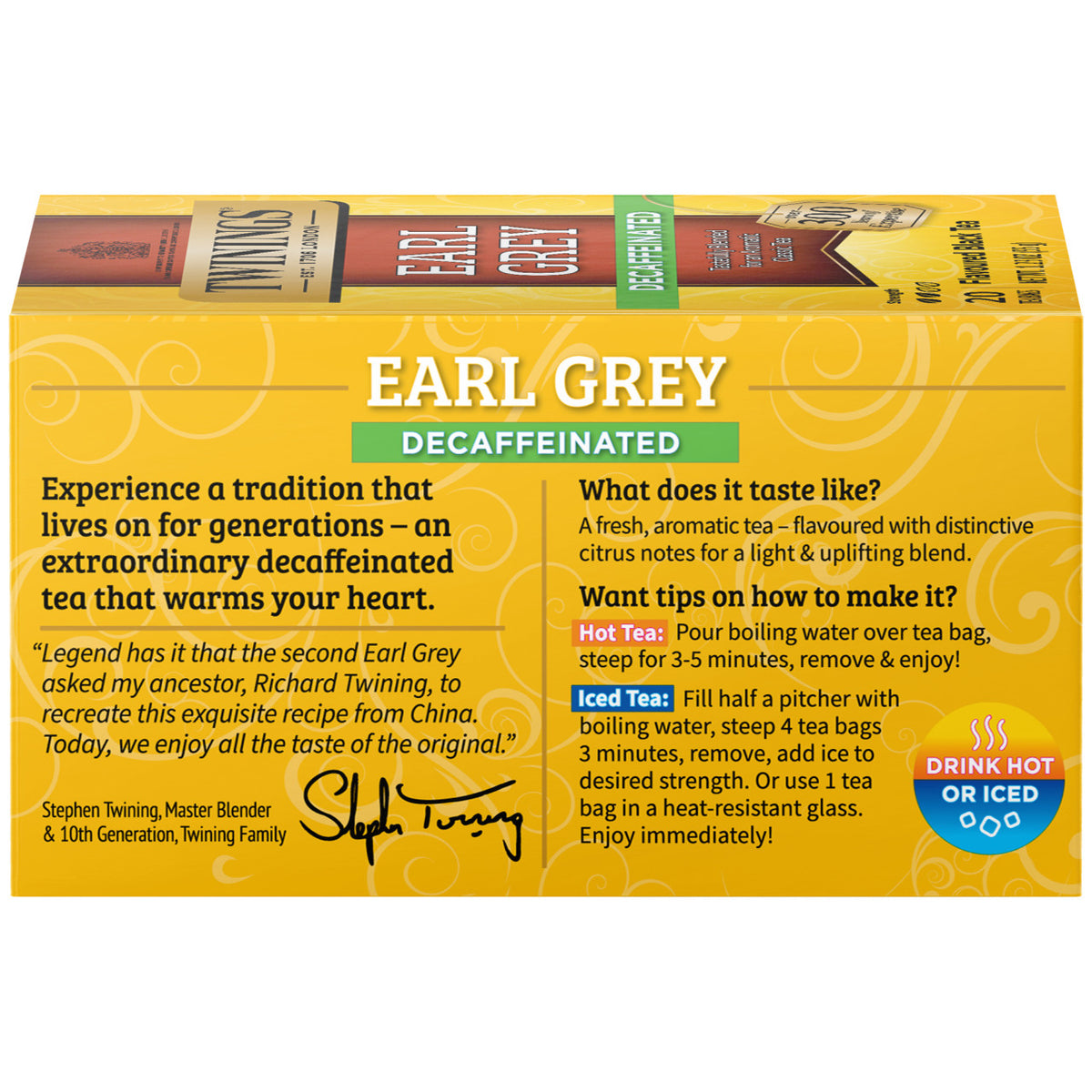 Box of Twinings Earl Grey Decaffeinated tea with branding and product details.