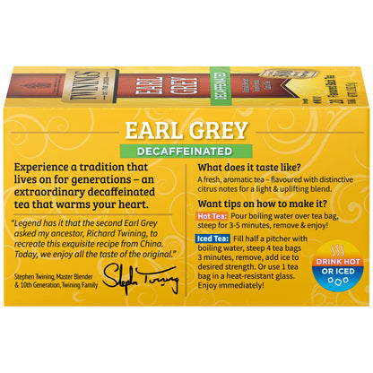 Box of Twinings Earl Grey Decaffeinated tea with branding and product details.