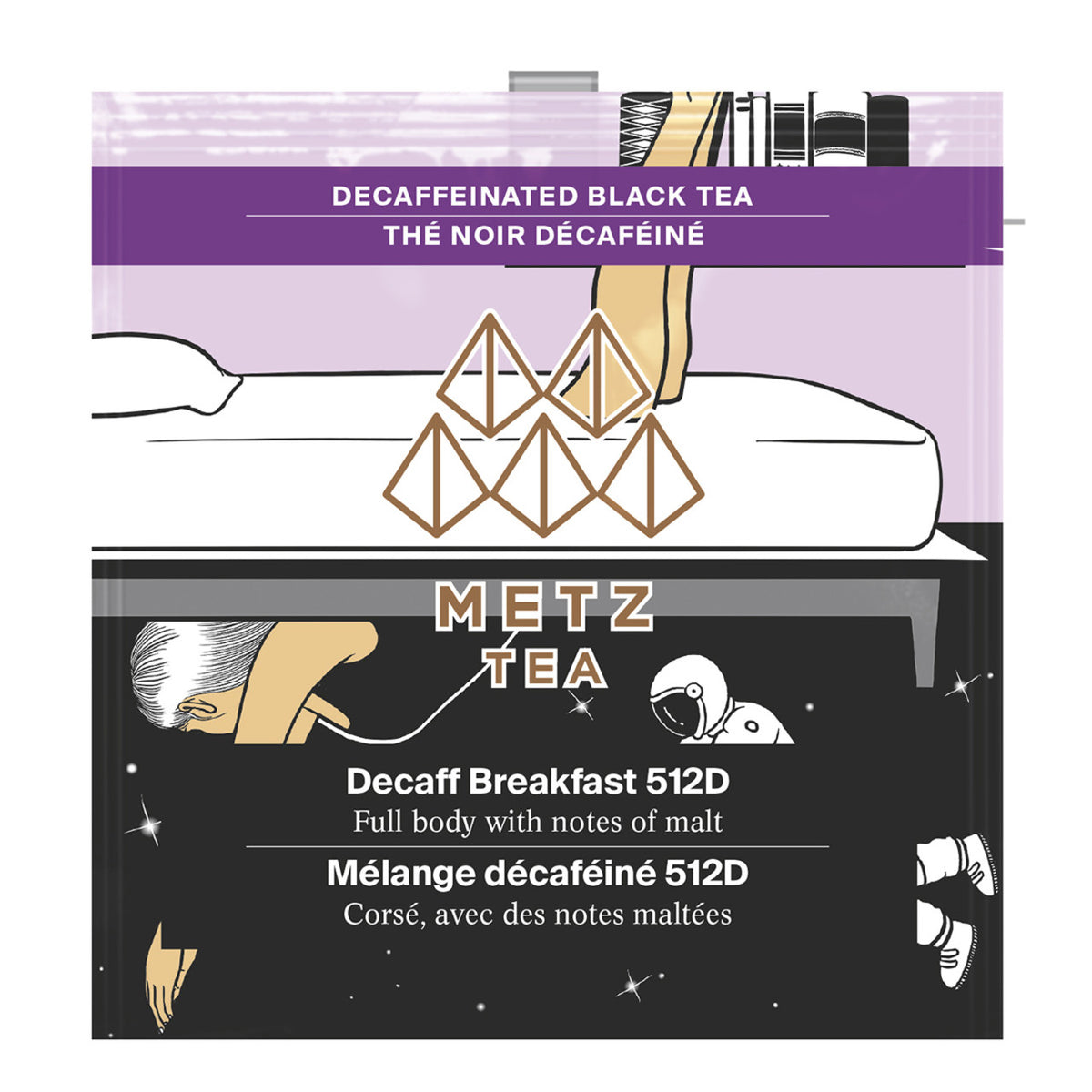 Metz Tea decaffeinated black tea package with purple and black design.